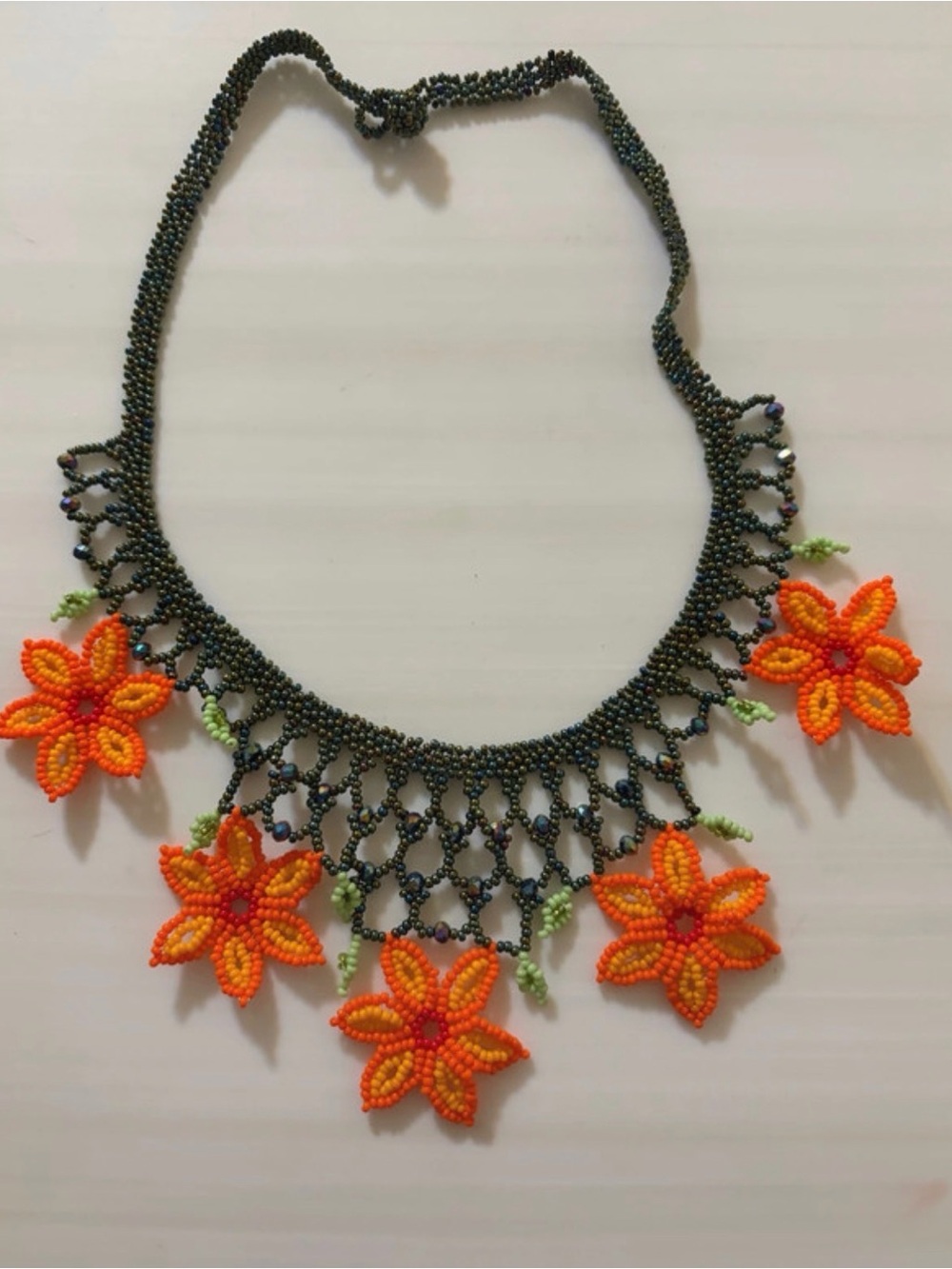 Handmade Orange Beaded Floral Statement Necklace